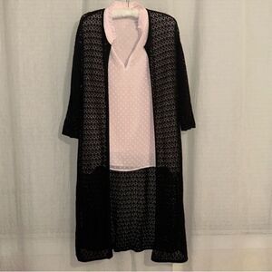 J. Jill S Black Knit Eyelet Quarter Sleeve Long Cardigan Duster